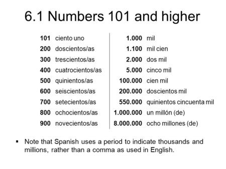6.1 Numbers 101 and higher  Note that Spanish uses a period to indicate thousands and millions, rather than a comma as used in English. 101ciento uno1.000mil.