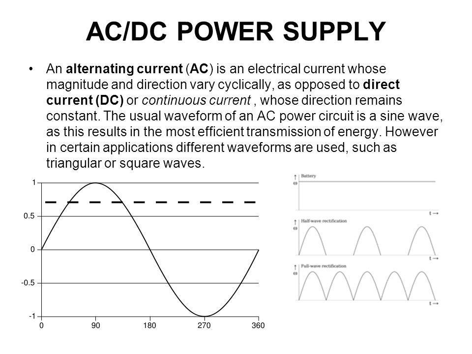 Skænk Gennemsigtig Erkende AC/DC POWER SUPPLY An alternating current (AC) is an electrical current  whose magnitude and direction vary cyclically, as opposed to direct current  (DC) - ppt video online download