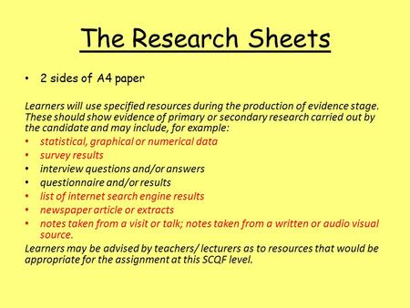 The Research Sheets 2 sides of A4 paper Learners will use specified resources during the production of evidence stage. These should show evidence of primary.