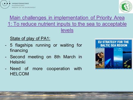 Main challenges in implementation of Priority Area 1: To reduce nutrient inputs to the sea to acceptable levels State of play of PA1: -5 flagships running.