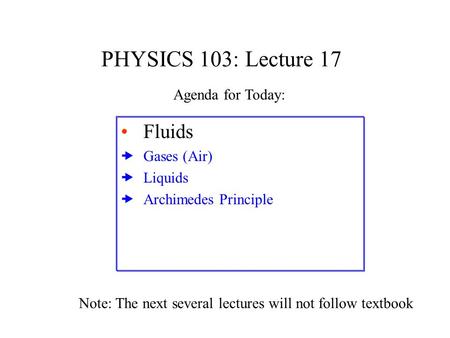 PHYSICS 103: Lecture 17 Fluids  Gases (Air)  Liquids  Archimedes Principle Agenda for Today: Note: The next several lectures will not follow textbook.