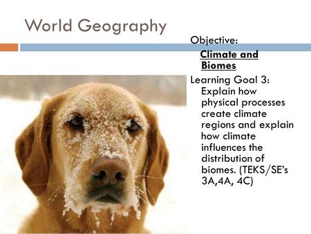 World Geography Objective: Climate and Biomes Learning Goal 3: Explain how physical processes create climate regions and explain how climate influences.