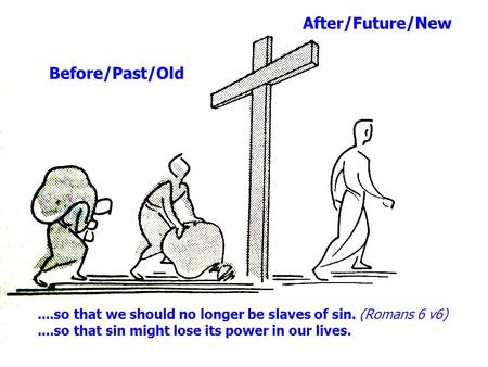 Before/Past/Old After/Future/New....so that we should no longer be slaves of sin. (Romans 6 v6)....so that sin might lose its power in our lives.