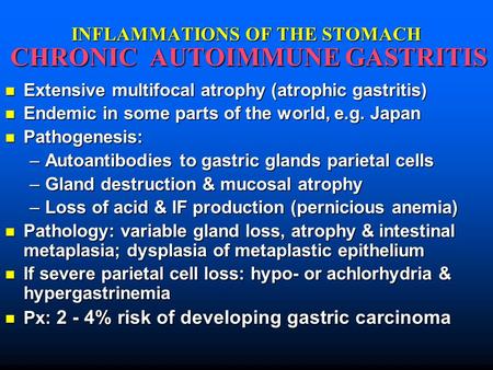 INFLAMMATIONS OF THE STOMACH CHRONIC AUTOIMMUNE GASTRITIS Extensive multifocal atrophy (atrophic gastritis) Extensive multifocal atrophy (atrophic gastritis)