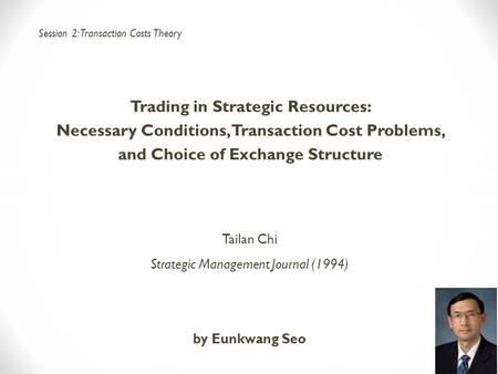 Trading in Strategic Resources: Necessary Conditions, Transaction Cost Problems, and Choice of Exchange Structure Tailan Chi Strategic Management Journal.