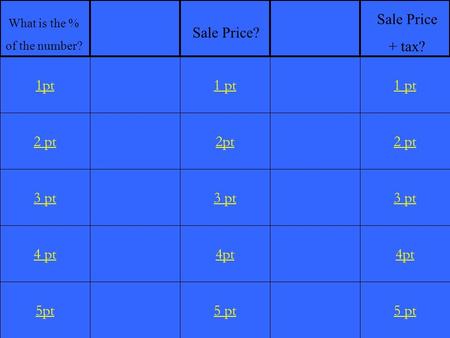 2 pt 3 pt 4 pt 5pt 1 pt 2pt 3 pt 4pt 5 pt 1 pt 2 pt 3 pt 4pt 5 pt 1pt Sale Price? What is the % of the number? Sale Price + tax?
