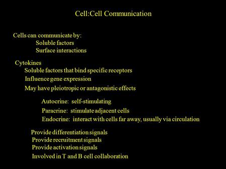 Cell:Cell Communication Cells can communicate by: Soluble factors Surface interactions Cytokines Soluble factors that bind specific receptors Influence.