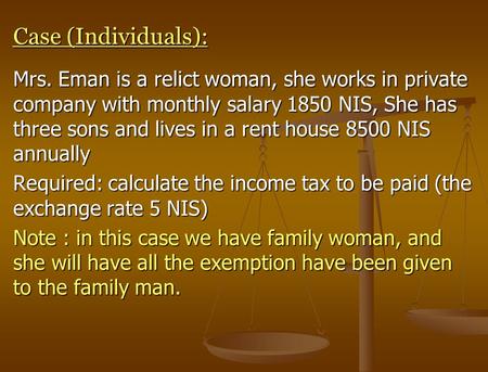Case (Individuals): Mrs. Eman is a relict woman, she works in private company with monthly salary 1850 NIS, She has three sons and lives in a rent house.