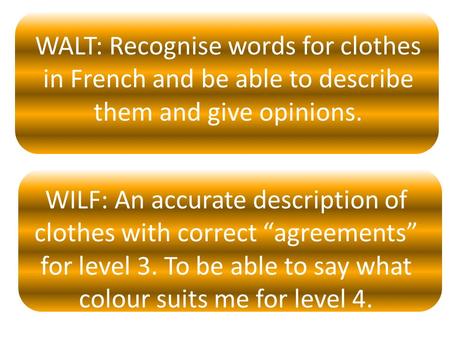 WALT: Recognise words for clothes in French and be able to describe them and give opinions. WILF: An accurate description of clothes with correct “agreements”