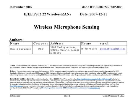 Doc.: IEEE 802.22-07/0530r1 Submission November 2007 Gerald Chouinard, CRCSlide 1 Wireless Microphone Sensing IEEE P802.22 Wireless RANs Date: 2007-12-11.