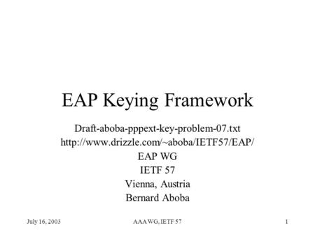 July 16, 2003AAA WG, IETF 571 EAP Keying Framework Draft-aboba-pppext-key-problem-07.txt  EAP WG IETF 57 Vienna,