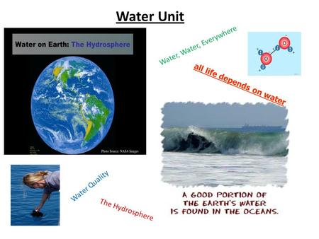 Water Unit Water, Water, Everywhere The Hydrosphere all life depends on water Water Quality.