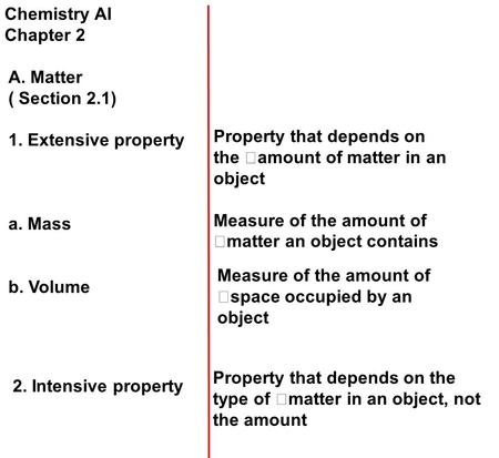 Chemistry AI Chapter 2 A. Matter ( Section 2.1) 1. Extensive property a. Mass b. Volume Property that depends on the amount of matter in an object Measure.
