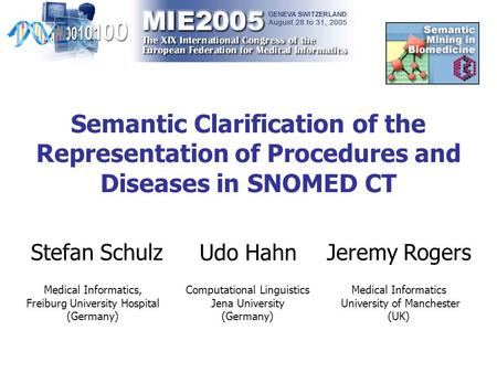 Semantic Clarification of the Representation of Procedures and Diseases in SNOMED CT Stefan Schulz Medical Informatics, Freiburg University Hospital (Germany)