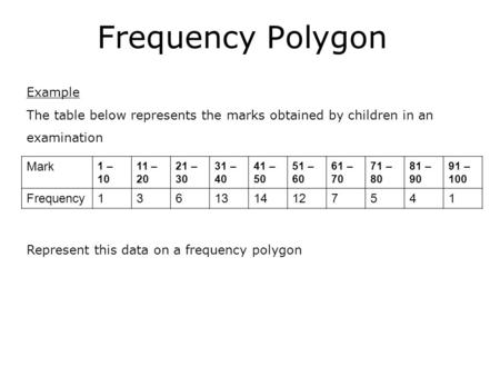 Frequency Polygon Example The table below represents the marks obtained by children in an examination Mark 1 – 10 11 – 20 21 – 30 31 – 40 41 – 50 51 –