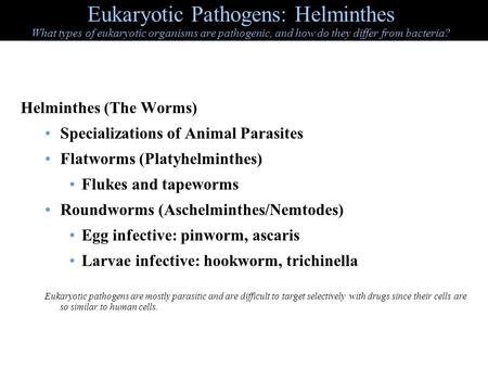Eukaryotic Pathogens: Helminthes What types of eukaryotic organisms are pathogenic, and how do they differ from bacteria? Helminthes (The Worms) Specializations.