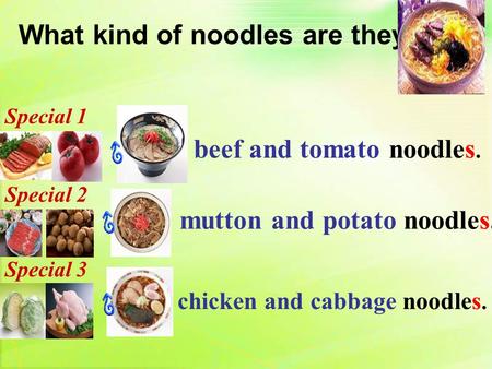 What kind of noodles are they? beef and tomato noodles. chicken and cabbage noodles. mutton and potato noodles. Special 1 Special 2 Special 3.