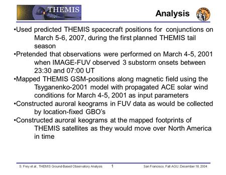 S. Frey et.al., THEMIS Ground-Based Observatory Analysis 1 San Francisco, Fall AGU, December 16, 2004 Analysis Used predicted THEMIS spacecraft positions.