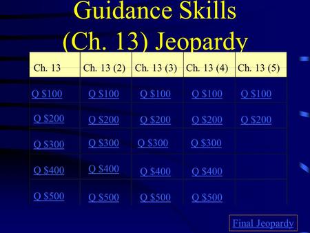 Guidance Skills (Ch. 13) Jeopardy