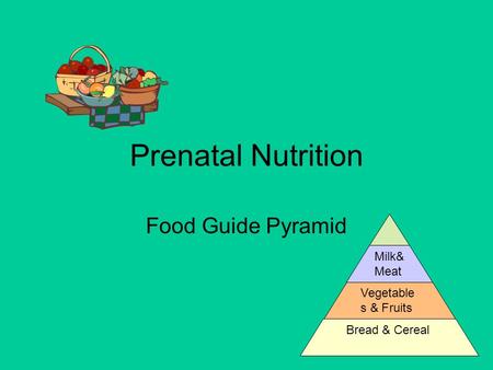 Prenatal Nutrition Food Guide Pyramid Milk& Meat Vegetable s & Fruits Bread & Cereal.