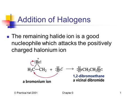 © Prentice Hall 2001Chapter 31 Addition of Halogens The remaining halide ion is a good nucleophile which attacks the positively charged halonium ion.