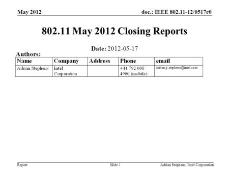 Doc.: IEEE 802.11-12/0517r0 Report May 2012 Adrian Stephens, Intel CorporationSlide 1 802.11 May 2012 Closing Reports Date: 2012-05-17 Authors: