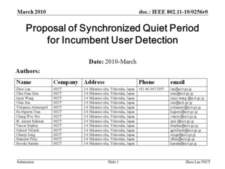 Doc.: IEEE 802.11-10/0256r0 Submission March 2010 Zhou Lan NICTSlide 1 Proposal of Synchronized Quiet Period for Incumbent User Detection Date: 2010-March.