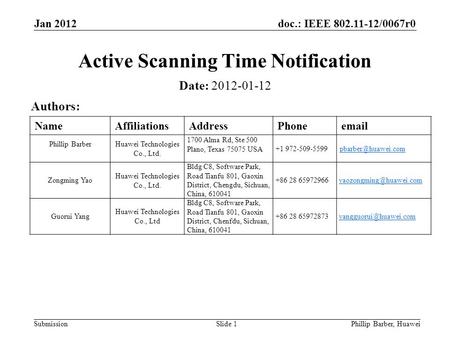 Doc.: IEEE 802.11-12/0067r0 Submission Jan 2012 Phillip Barber, HuaweiSlide 1 Active Scanning Time Notification Date: 2012-01-12 Authors: NameAffiliationsAddressPhoneemail.