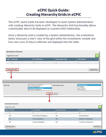 This eCPIC Quick Guide has been developed to assist System Administrators with creating Hierarchy Grids in eCPIC. The Hierarchy Grid functionality allows.