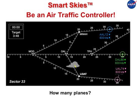 Smart Skies TM Be an Air Traffic Controller! 00:00 Target 3:48 AAL12 600 kts DAL88 600 kts UAL74 600 kts How many planes?