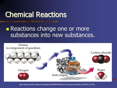 Chemical Reactions Reactions change one or more substances into new substances. [http://wps.prenhall.com/wps/media/objects/476/488316/Instructor_Resources/Chapter_07/FG07_01.JPG]