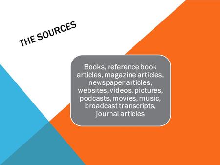THE SOURCES Books, reference book articles, magazine articles, newspaper articles, websites, videos, pictures, podcasts, movies, music, broadcast transcripts,