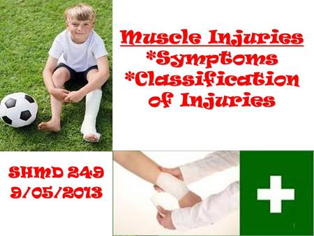 Muscle Injuries *Symptoms *Classification of Injuries SHMD 249 9/05/2013 1.