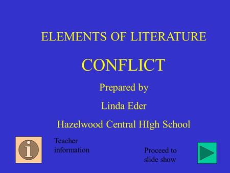ELEMENTS OF LITERATURE CONFLICT Prepared by Linda Eder Hazelwood Central HIgh School Teacher information Proceed to slide show.
