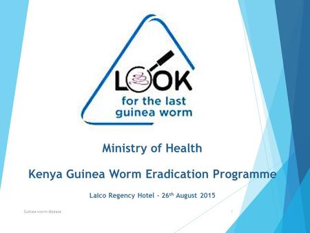 Ministry of Health Kenya Guinea Worm Eradication Programme Laico Regency Hotel - 26 th August 2015 Guinea worm disease1.