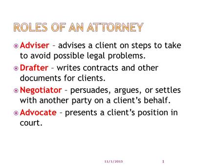  Adviser – advises a client on steps to take to avoid possible legal problems.  Drafter – writes contracts and other documents for clients.  Negotiator.