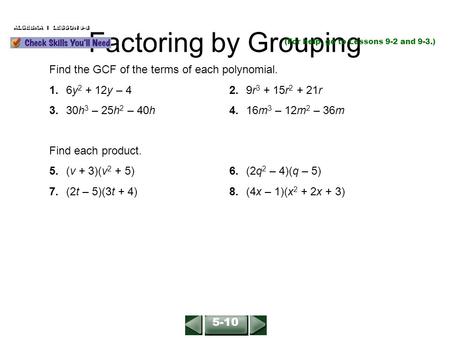 Factoring by Grouping Find the GCF of the terms of each polynomial.