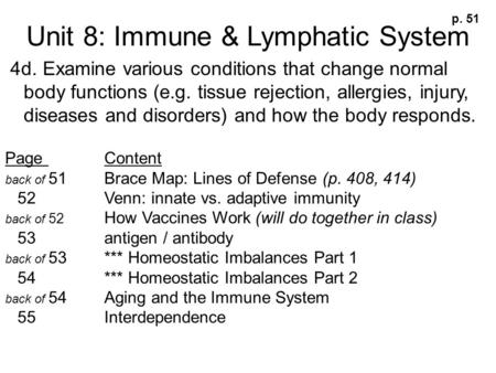 Unit 8: Immune & Lymphatic System 4d. Examine various conditions that change normal body functions (e.g. tissue rejection, allergies, injury, diseases.