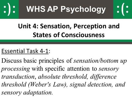 WHS AP Psychology Unit 4: Sensation, Perception and States of Consciousness Essential Task 4-1: Discuss basic principles of sensation/bottom up processing.