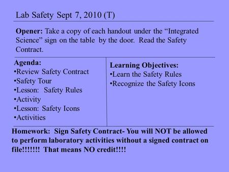 Lab Safety Sept 7, 2010 (T) Agenda: Review Safety Contract Safety Tour Lesson: Safety Rules Activity Lesson: Safety Icons Activities Learning Objectives: