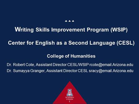 W riting Skills Improvement Program (WSIP) Center for English as a Second Language (CESL) College of Humanities Dr. Robert Cote, Assistant Director CESL/WSIP.