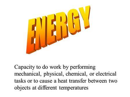 Capacity to do work by performing mechanical, physical, chemical, or electrical tasks or to cause a heat transfer between two objects at different temperatures.