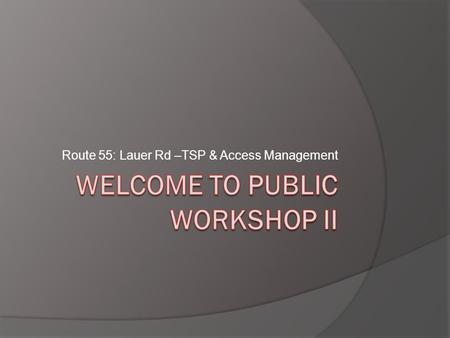 Route 55: Lauer Rd –TSP & Access Management. Agenda  Welcome and Introductions  Workshop Purpose  Project Introduction & Background  Citizen Advisory.