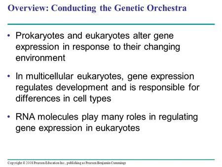 Copyright © 2008 Pearson Education Inc., publishing as Pearson Benjamin Cummings Overview: Conducting the Genetic Orchestra Prokaryotes and eukaryotes.