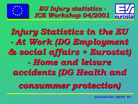 DG SANCO G/3 - ESTAT E/3 EU Injury statistics - ICE Workshop 04/2001 Injury Statistics in the EU - At Work (DG Employment & social affairs + Eurostat)