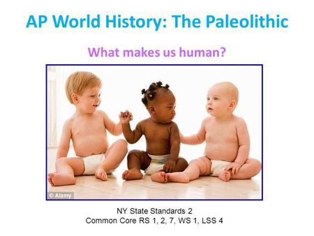 AP World History: The Paleolithic What makes us human? NY State Standards 2 Common Core RS 1, 2, 7, WS 1, LSS 4.
