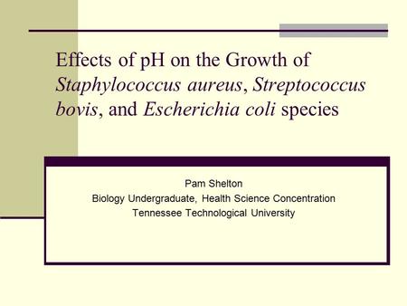 Effects of pH on the Growth of Staphylococcus aureus, Streptococcus bovis, and Escherichia coli species Pam Shelton Biology Undergraduate, Health Science.