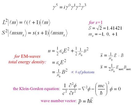 For s=1 for EM-waves total energy density:  # of photons wave number vector: the Klein-Gordon equation: