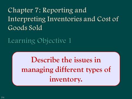 Describe the issues in managing different types of inventory. 7-1.