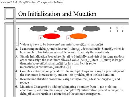 Christoph F. Eick: Using EC to Solve Transportation Problems On Initialization and Mutation 1.Values t ij have to be between 0 and min(source(i),distination(j))